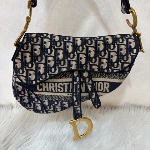 Dior Saddle M0446藍色 緹花 老花 CD 金釦 馬鞍包 手提包單肩包