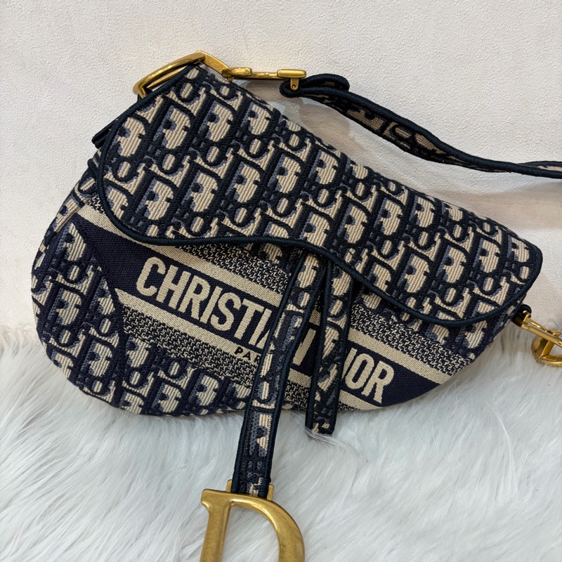 Dior Saddle M0446藍色 緹花 老花 CD 金釦 馬鞍包 手提包單肩包-1