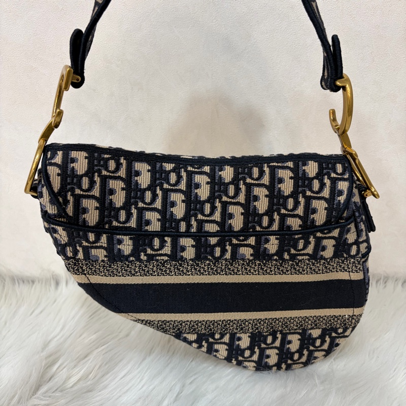 Dior Saddle M0446藍色 緹花 老花 CD 金釦 馬鞍包 手提包單肩包-4