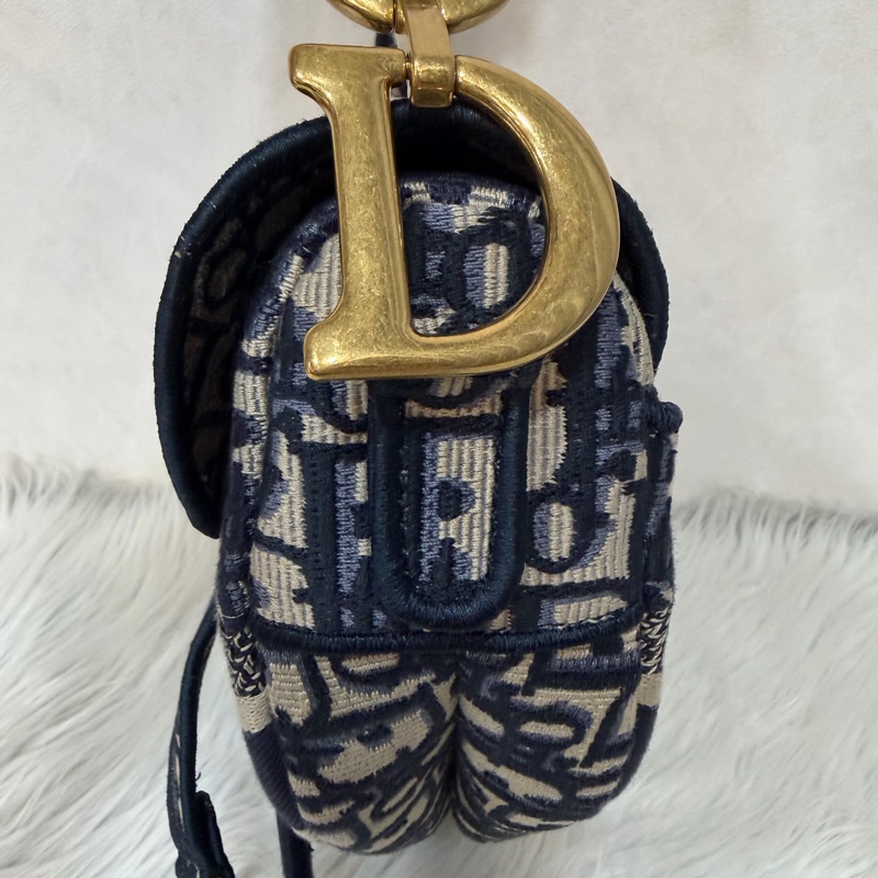 Dior Saddle M0446藍色 緹花 老花 CD 金釦 馬鞍包 手提包單肩包-6