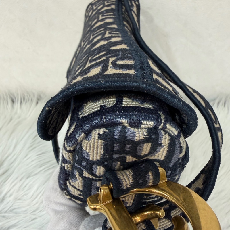 Dior Saddle M0446藍色 緹花 老花 CD 金釦 馬鞍包 手提包單肩包-12