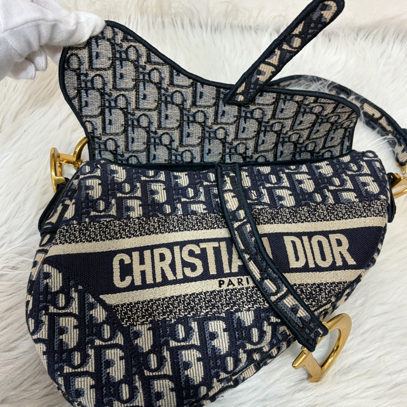 Dior Saddle M0446藍色 緹花 老花 CD 金釦 馬鞍包 手提包單肩包-29
