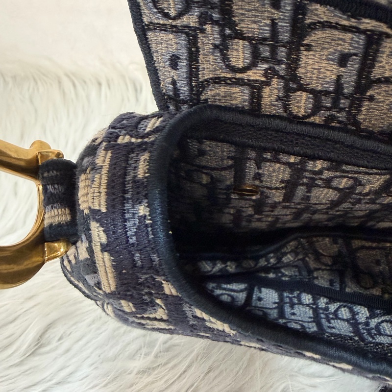 Dior Saddle M0446藍色 緹花 老花 CD 金釦 馬鞍包 手提包單肩包-34