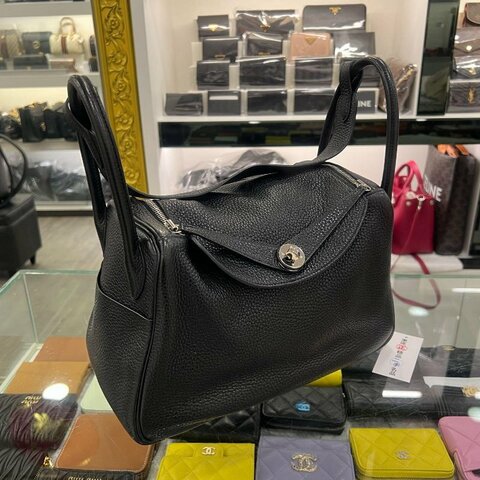 東區正精品㊣HERMES LINDY 30 愛馬仕黑色全皮銀釦手提包肩背包兩用包 30cm T刻 RZ6360
