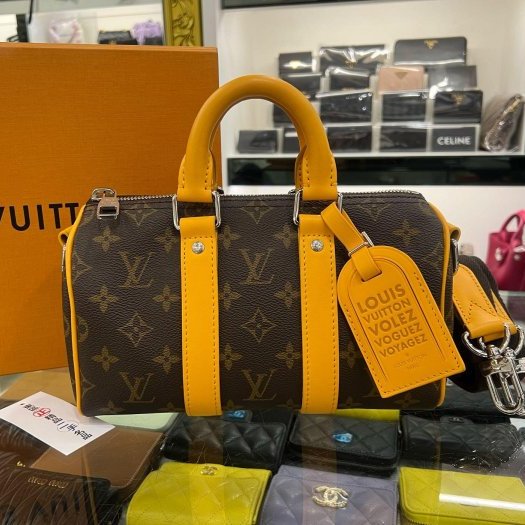 東區正精品㊣LV M12733 KEEPALL BANDOULIÈRE 25CM 字紋拼橘色皮革手提斜背兩用包 RZ6361-0