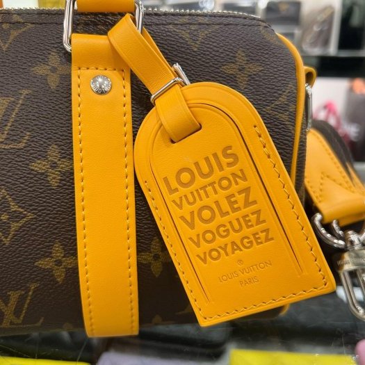 東區正精品㊣LV M12733 KEEPALL BANDOULIÈRE 25CM 字紋拼橘色皮革手提斜背兩用包 RZ6361-1