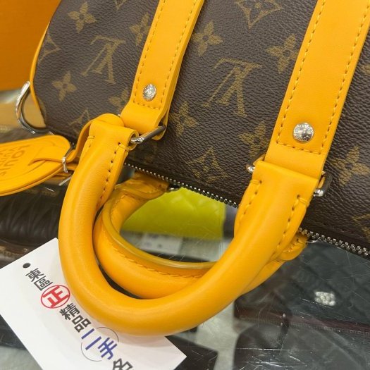 東區正精品㊣LV M12733 KEEPALL BANDOULIÈRE 25CM 字紋拼橘色皮革手提斜背兩用包 RZ6361-2