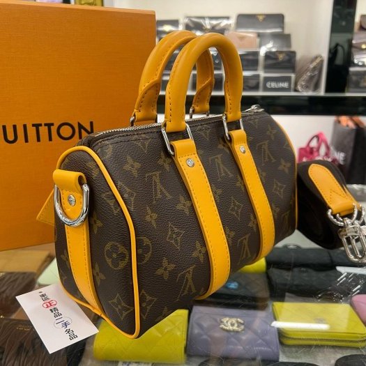 東區正精品㊣LV M12733 KEEPALL BANDOULIÈRE 25CM 字紋拼橘色皮革手提斜背兩用包 RZ6361-7