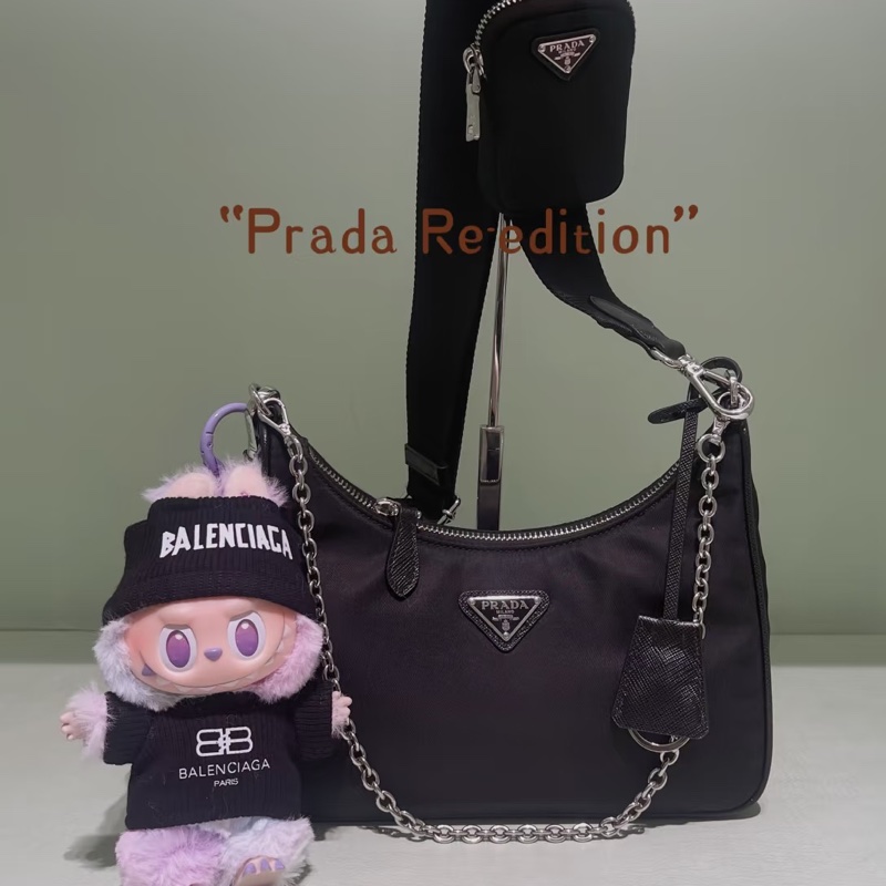 🦄PRADA普拉達黑銀三合一尼龍Hobo單肩斜跨包-9