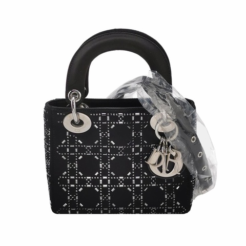 Dior Lady Dior戴妃包迷你緞面Logo吊飾單肩包