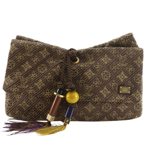 Louis Vuitton African Queen 手拿包，提花 Monogram 緞面，2009 年款，棕色，RE0039，A5 尺寸，磁扣，女士款。