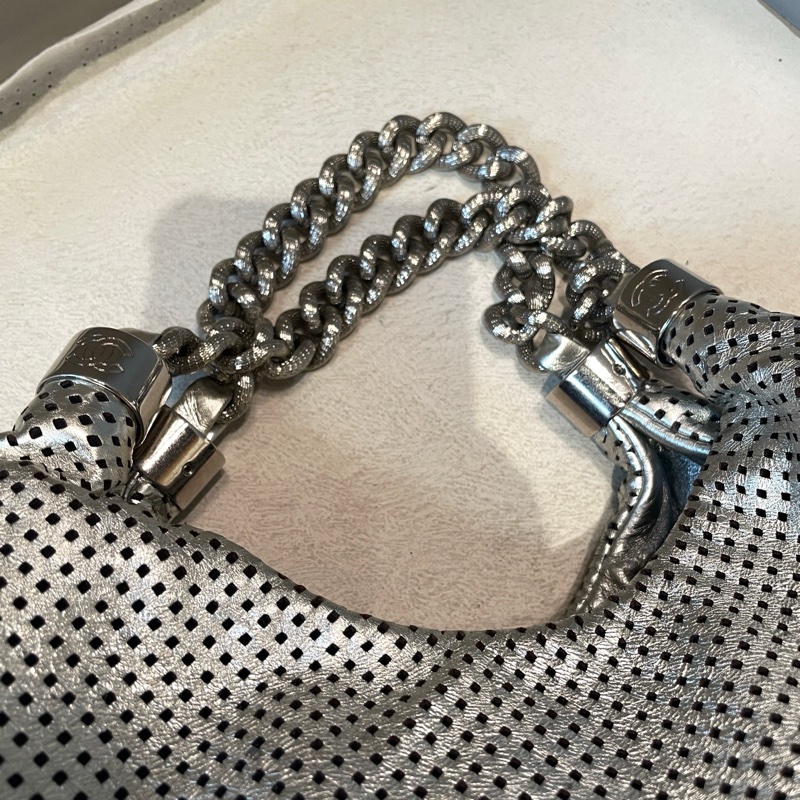 Chanel/香奈兒 太空銀2way hobo網面熔岩鏈條機場包-6