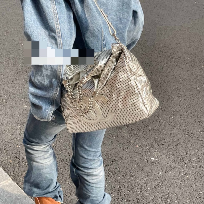 Chanel/香奈兒 太空銀2way hobo網面熔岩鏈條機場包-7