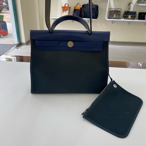 愛馬仕/Hermes  herbag   藍色拼墨綠色  31 銀扣