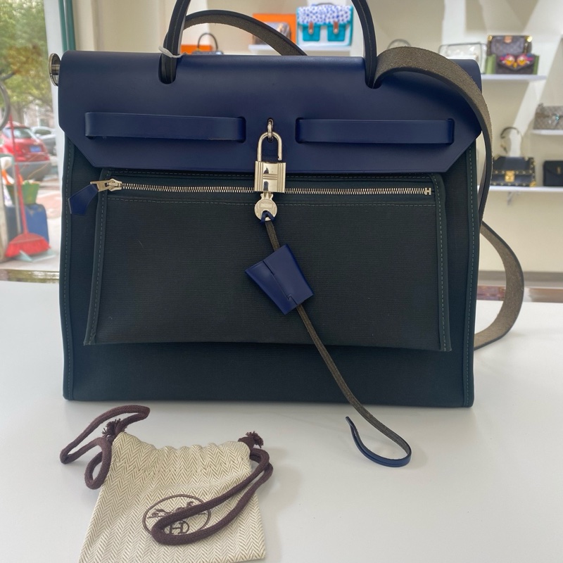 愛馬仕/Hermes herbag 藍色拼墨綠色 31 銀扣-1