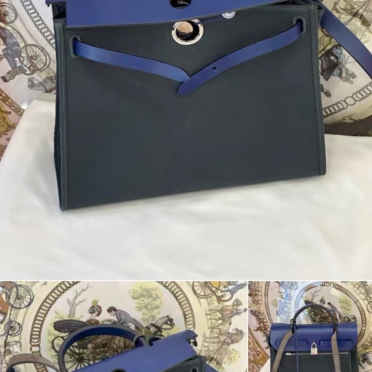 愛馬仕/Hermes herbag 藍色拼墨綠色 31 銀扣-7