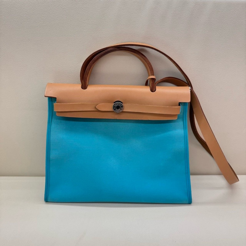 愛馬仕HERMES Herbag zip 31銀扣藍色綠色拼棕皮hunter牛皮-0