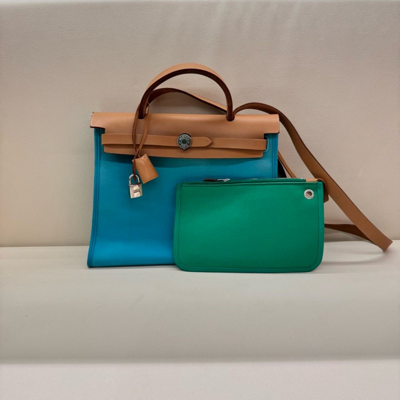 愛馬仕HERMES Herbag zip 31銀扣藍色綠色拼棕皮hunter牛皮-1