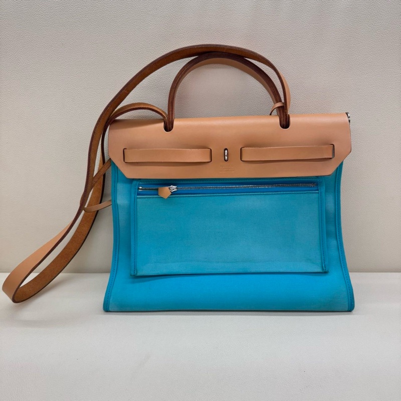 愛馬仕HERMES Herbag zip 31銀扣藍色綠色拼棕皮hunter牛皮-2