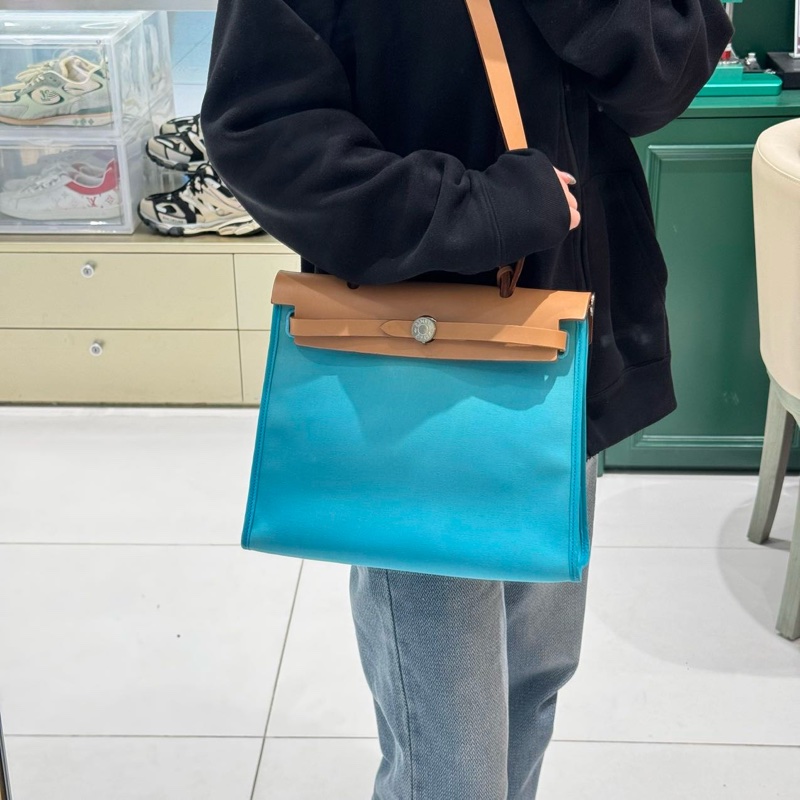 愛馬仕HERMES Herbag zip 31銀扣藍色綠色拼棕皮hunter牛皮-7