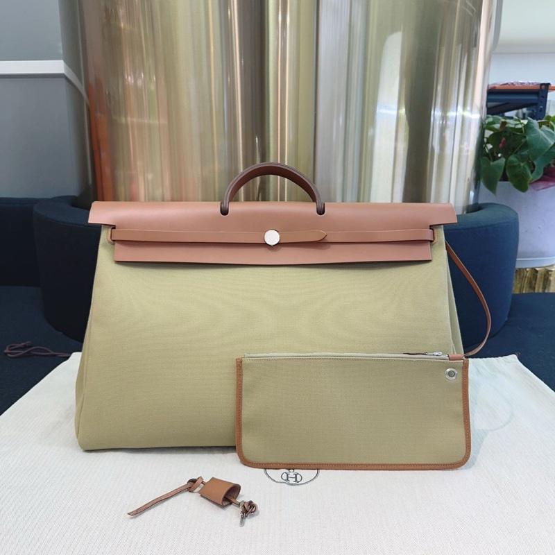 閒置Hermes愛馬仕herbag50軍綠色帆布拼原色皮-0