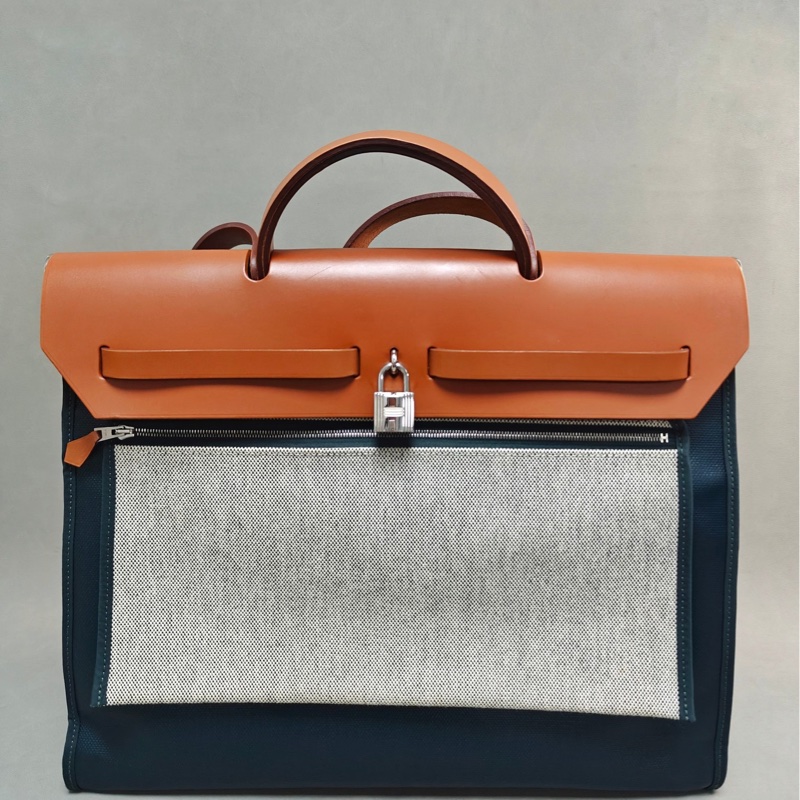 愛馬仕Hermes herbag39 棕色拼墨綠色-1