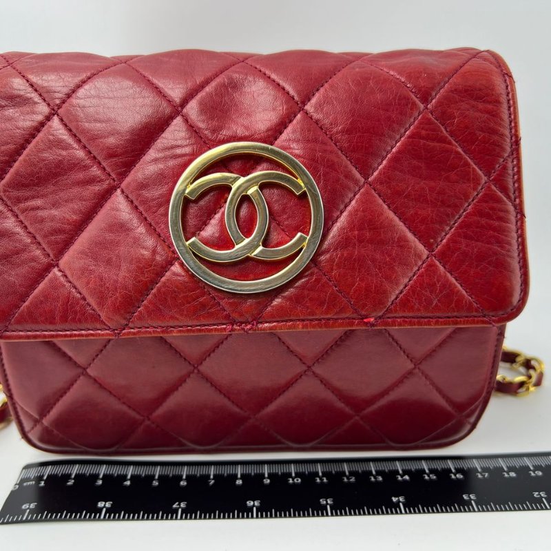 Chanel Vintage 紅金圓扣菱格鍊條包-7