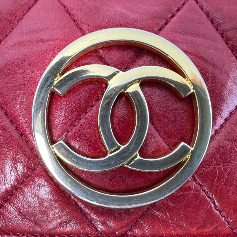 Chanel Vintage 紅金圓扣菱格鍊條包-15