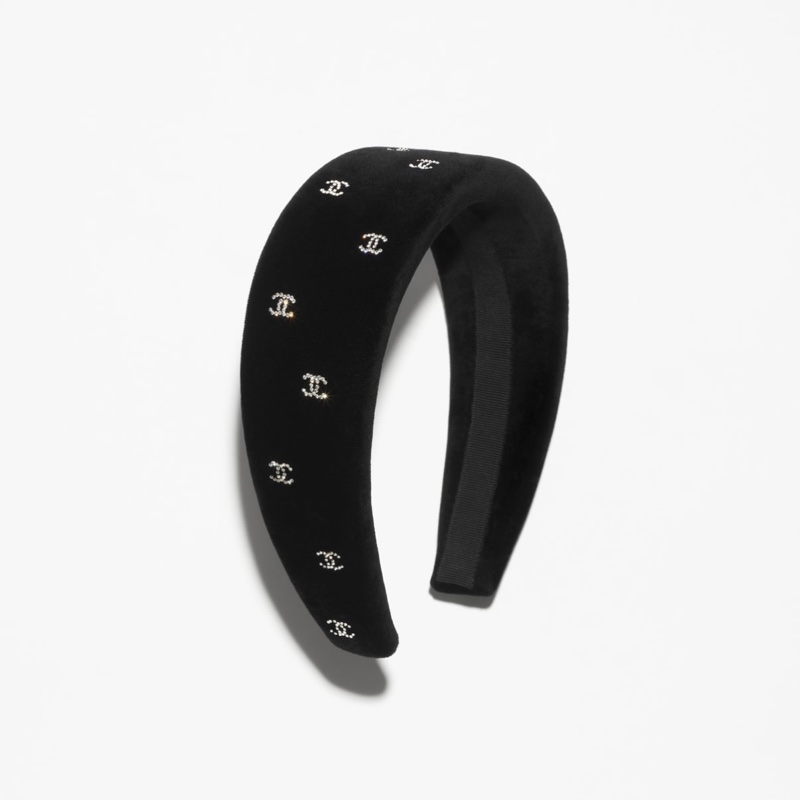 CHANEL 香奈兒【 26C 早春度假】HAIR ACCESSORY 黑色絲絨水鑽雙C頭箍 AAB663-4