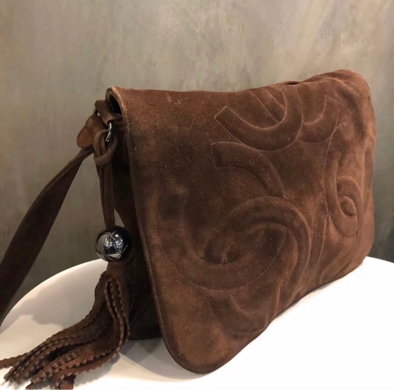 「JL精品代購」9新 Chanel 香奈兒麂皮咖色郵差包-0