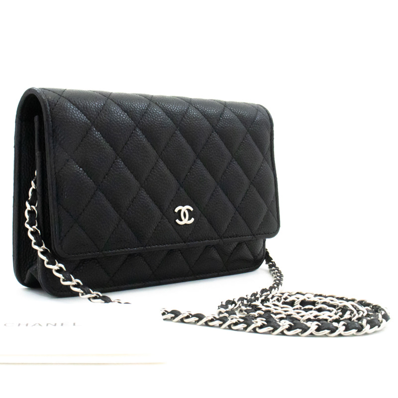 【日本直送】香奈兒粒面小牛皮鏈錢包 WOC 黑色單肩背包-0