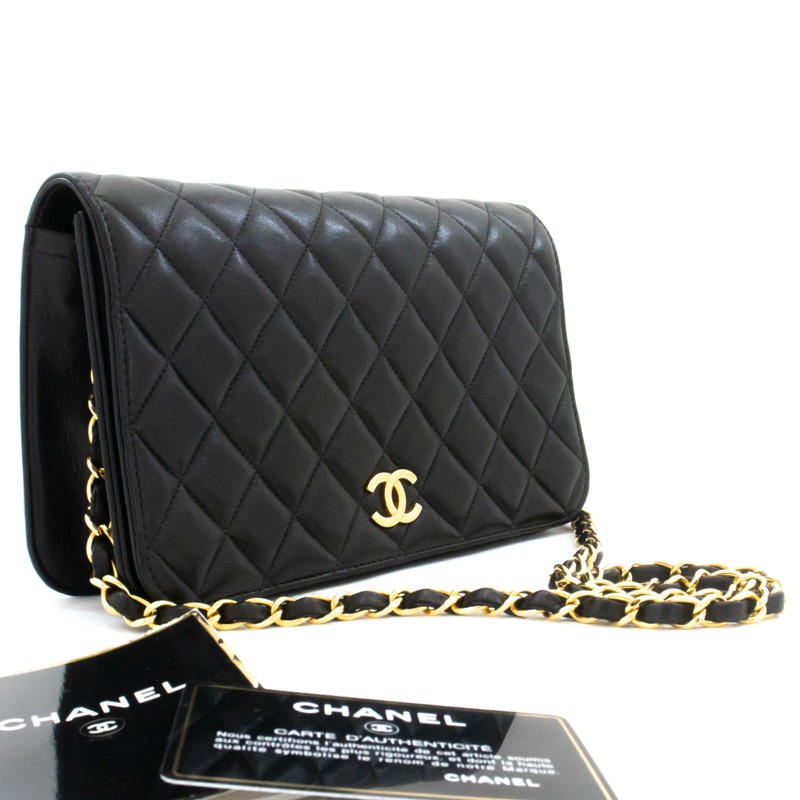 【日本直送】香奈兒黑色菱格紋羊皮全翻蓋鏈條肩背包/手拿包-0