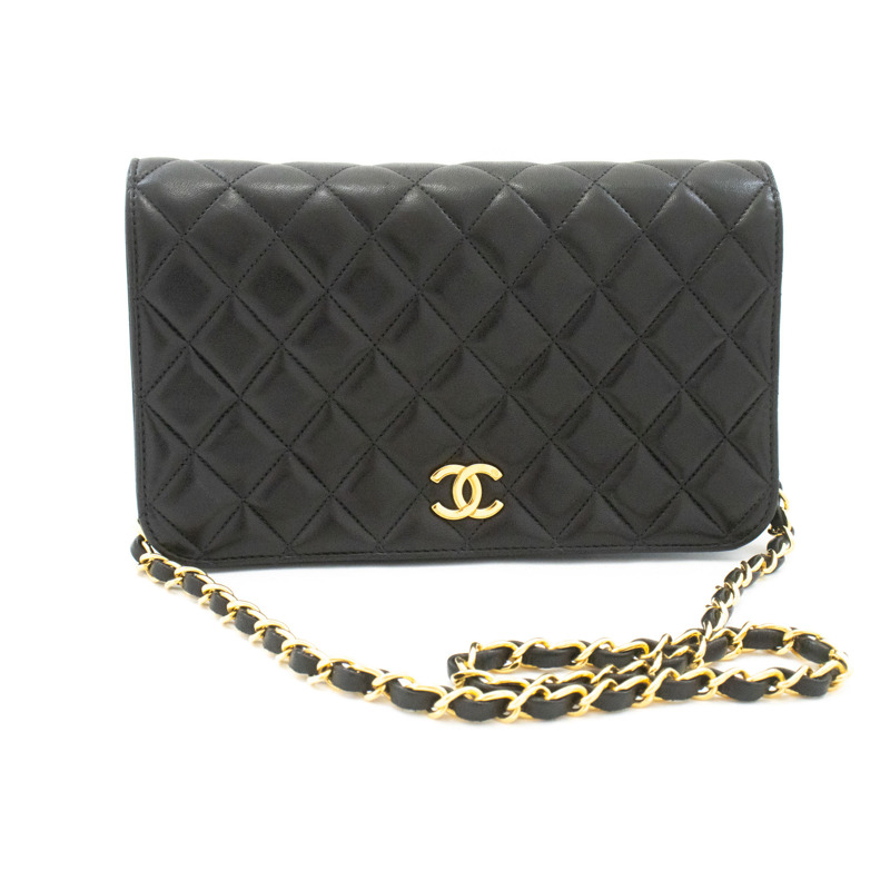 【日本直送】香奈兒黑色菱格紋羊皮全翻蓋鏈條肩背包/手拿包-1