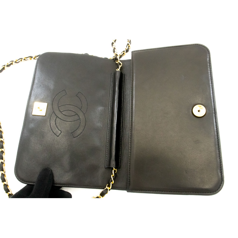 【日本直送】香奈兒黑色菱格紋羊皮全翻蓋鏈條肩背包/手拿包-10