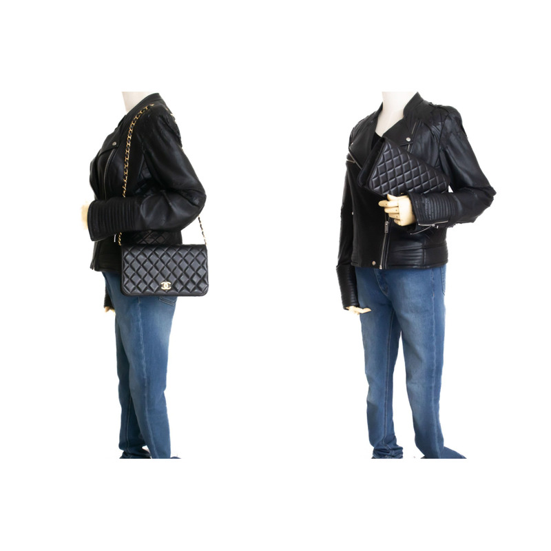 【日本直送】香奈兒黑色菱格紋羊皮全翻蓋鏈條肩背包/手拿包-11