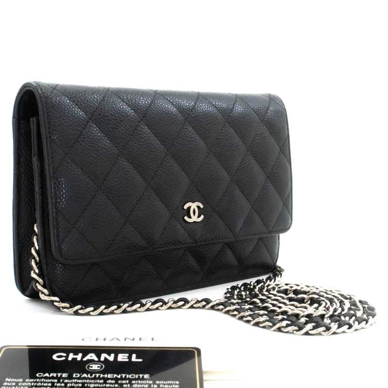 【日本直送】香奈兒粒面小牛皮鏈錢包 WOC 黑色單肩背包-0