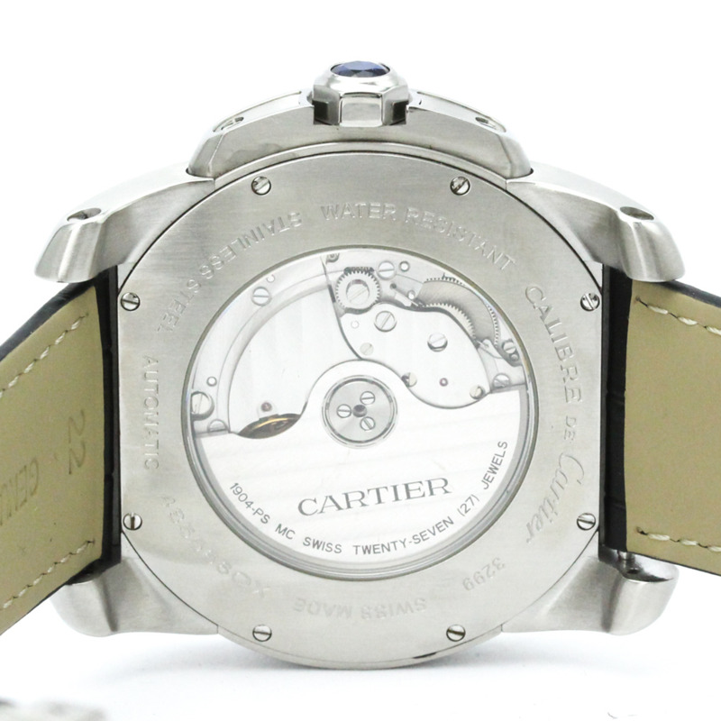 CARTIER Calibre de Cartier 鋼質皮革自動男士手錶 W7100014 (外裝仕上げ済み)-5