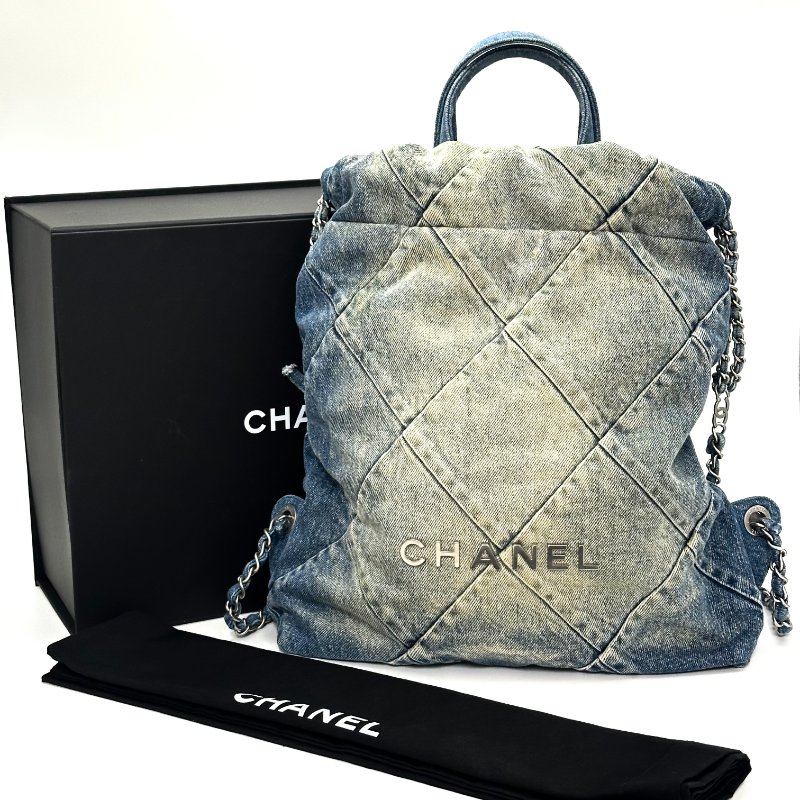 CHANEL 藍色牛仔22bag後背包32*34*8 99新配件盒子 塵袋-1