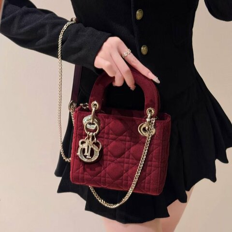 Dior 絲絨lady 鑽扣酒紅色 三格黛妃包17*14cm 99新配件肩帶 盒子 塵袋