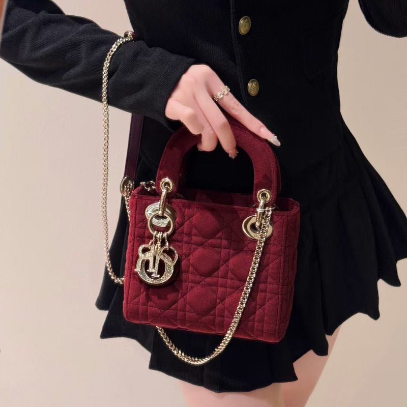 Dior 絲絨lady 鑽扣酒紅色 三格黛妃包17*14cm 99新配件肩帶 盒子 塵袋-0