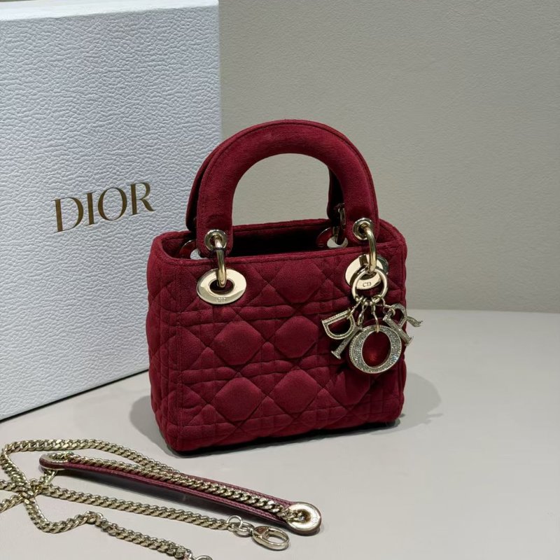 Dior 絲絨lady 鑽扣酒紅色 三格黛妃包17*14cm 99新配件肩帶 盒子 塵袋-1