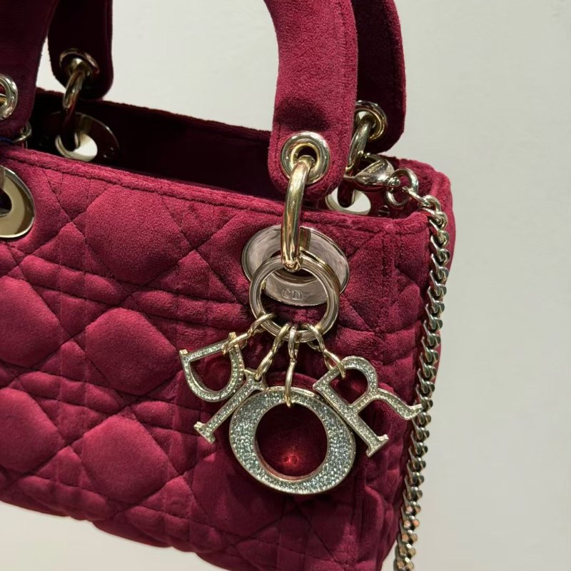Dior 絲絨lady 鑽扣酒紅色 三格黛妃包17*14cm 99新配件肩帶 盒子 塵袋-2