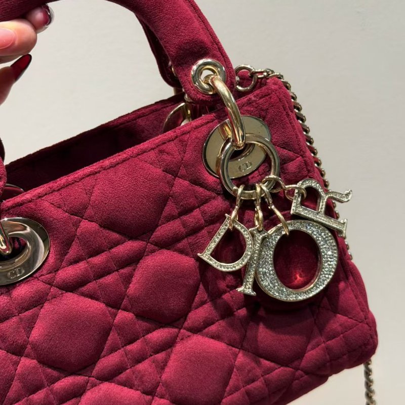 Dior 絲絨lady 鑽扣酒紅色 三格黛妃包17*14cm 99新配件肩帶 盒子 塵袋-3