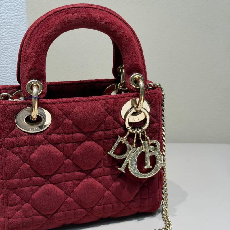 Dior 絲絨lady 鑽扣酒紅色 三格黛妃包17*14cm 99新配件肩帶 盒子 塵袋-4