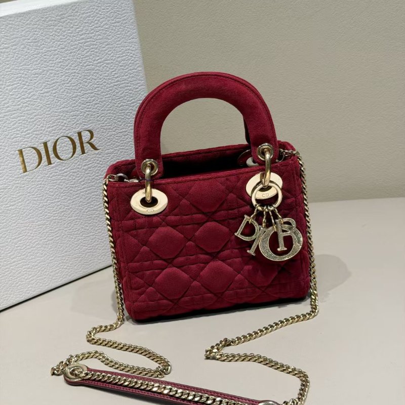 Dior 絲絨lady 鑽扣酒紅色 三格黛妃包17*14cm 99新配件肩帶 盒子 塵袋-5