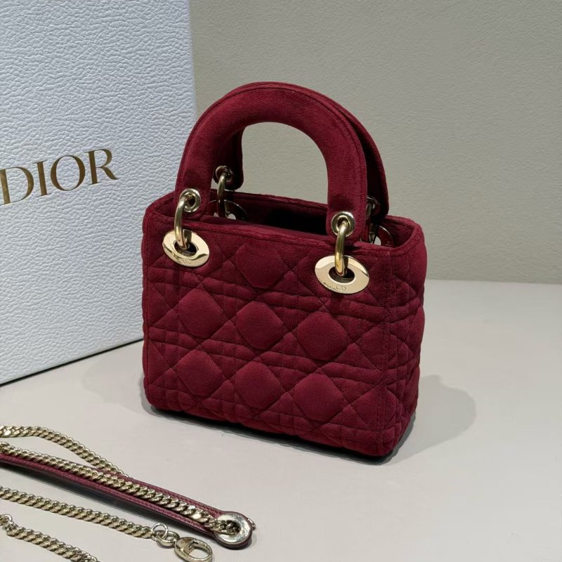 Dior 絲絨lady 鑽扣酒紅色 三格黛妃包17*14cm 99新配件肩帶 盒子 塵袋-6