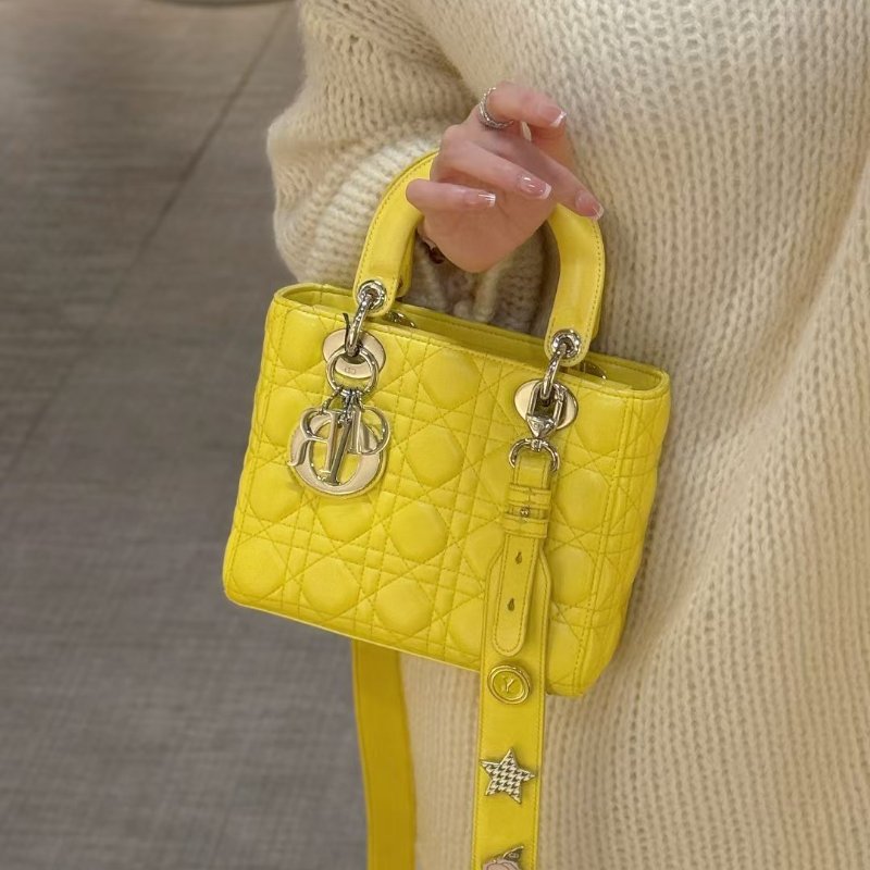 DIOR 四格黛妃包 檸檬黃,肩帶上的限量徽章 20*17*8cm 99新配件肩帶 塵袋-1