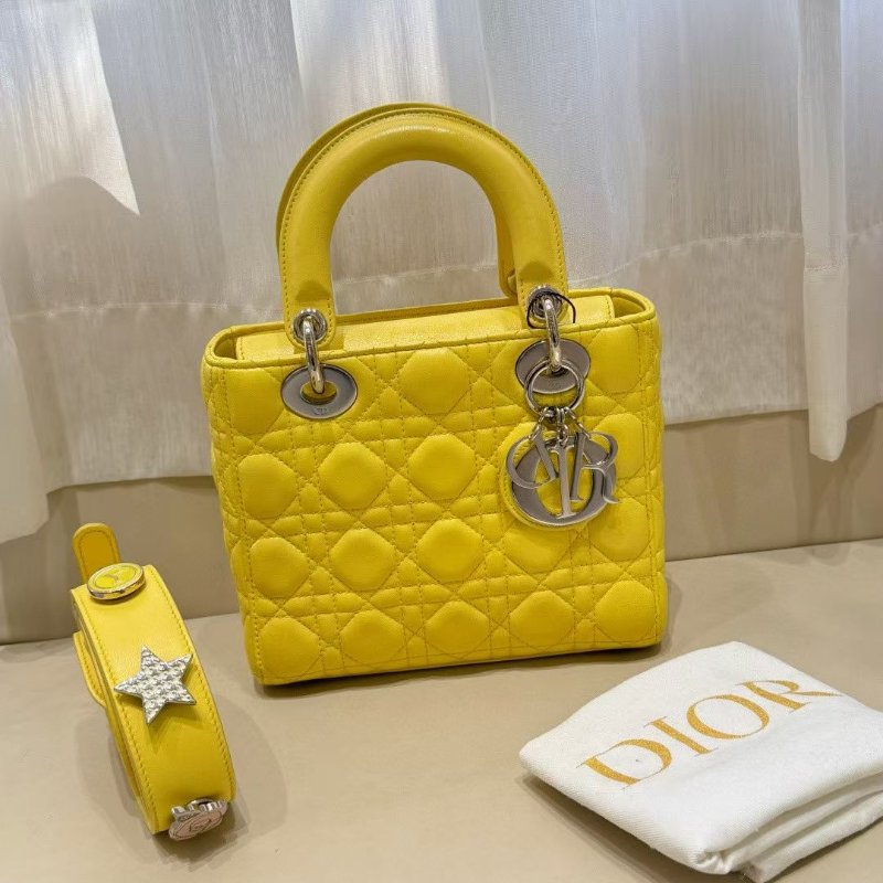 DIOR 四格黛妃包 檸檬黃,肩帶上的限量徽章 20*17*8cm 99新配件肩帶 塵袋-2