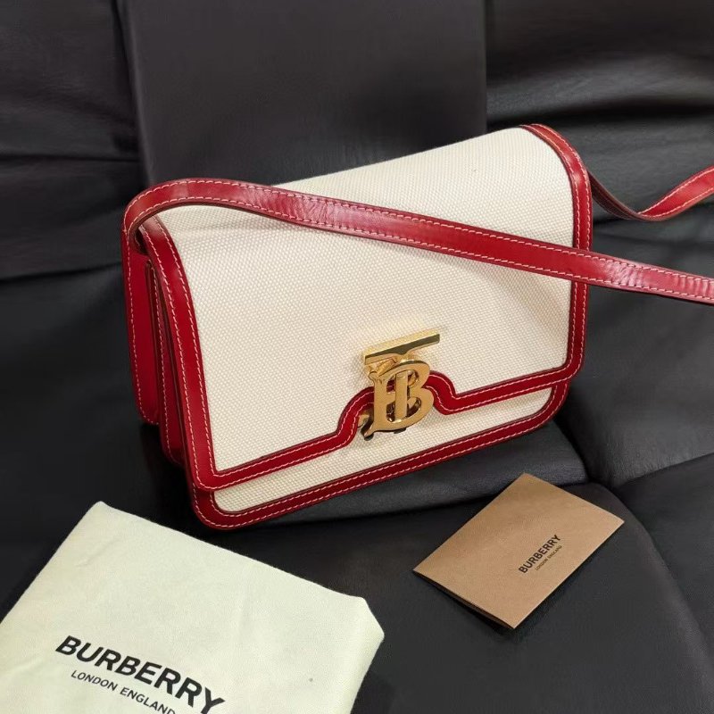 Burberry TB 小號 帆布拼皮 郵差包21*14.5cm 99新配件塵袋 卡冊-5