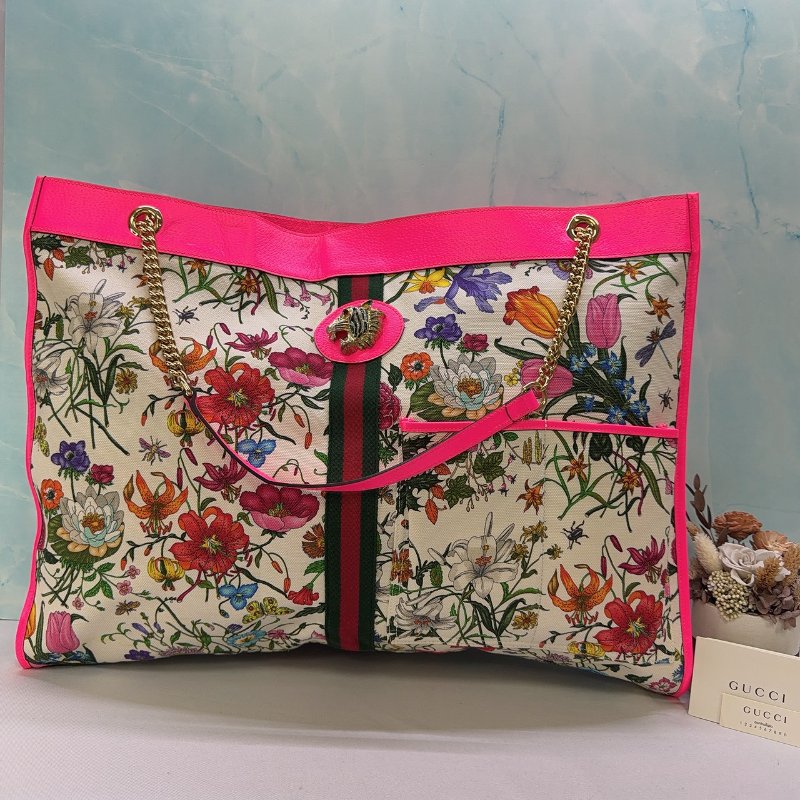 GUCCI Rajah Flora螢光粉大型托特包-0